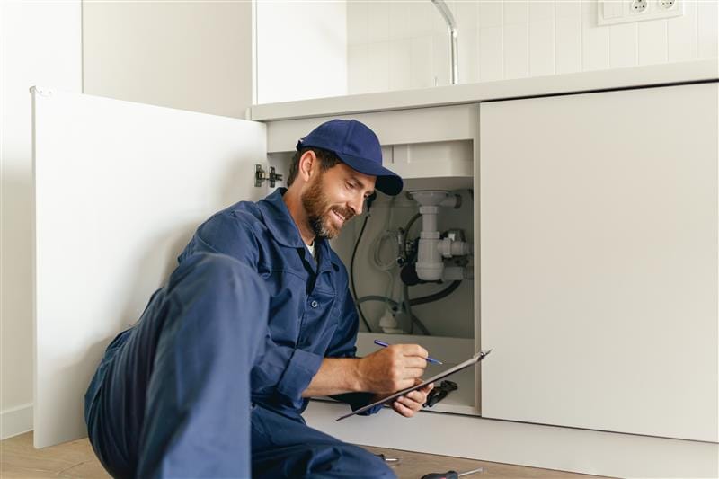 Residential plumber reviewing plumbing repairs in a Haines City kitchen
