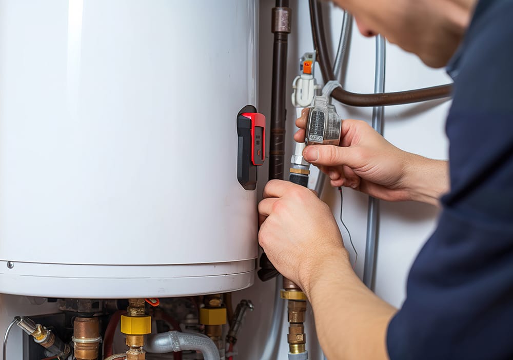 Technician repairing pipes connected to a water heater in Haines City
